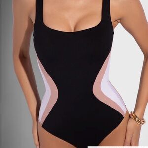 Black One-Piece Swimsuit with Pink and White Side Panels